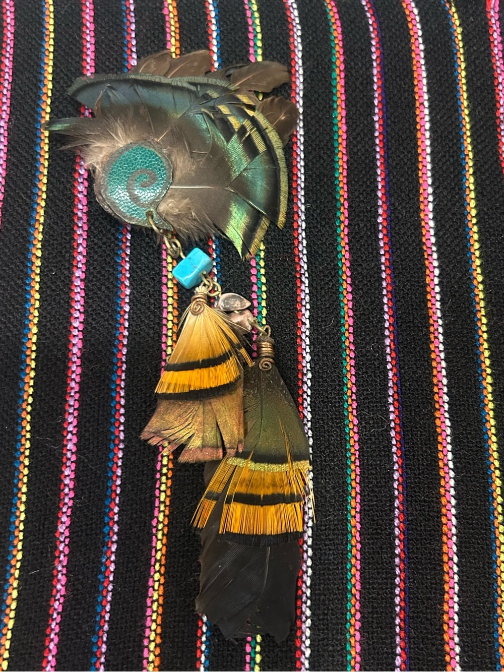 Boho Feather Hair Clip Handmade Mexico Turquoise Festival Hairpiece